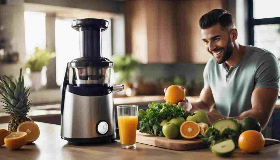 man is happy to use a juicer