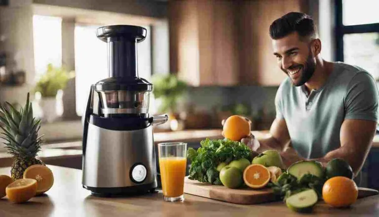 man is happy to use a juicer