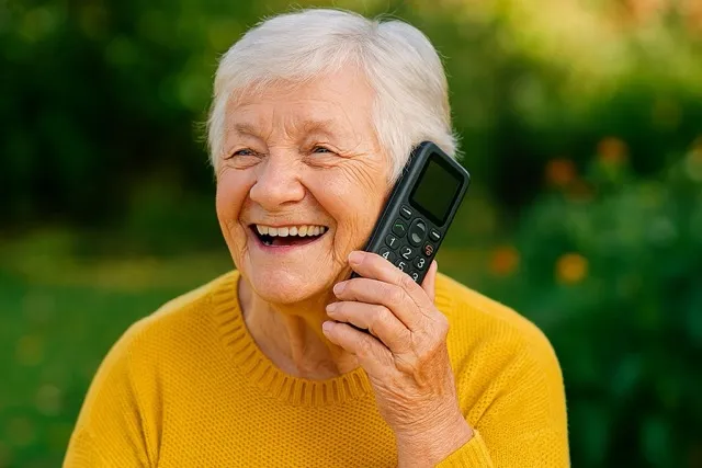 Elderly person holding a simple mobile phone outdoors, wearing a bright yellow sweater with a green garden background