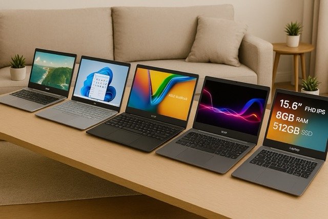 Five sleek laptops arranged side by side on a wooden table in a stylish living room with a beige sofa, cushions, and small potted plants in the background.