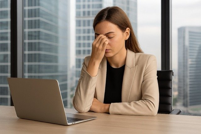 Modern office workspace with a laptop on a desk and a city skyline visible through large glass windows.