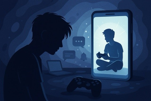 Illustration of a dark-toned room with a large glowing smartphone displaying a silhouette holding a game controller, surrounded by digital icons and a console controller in the foreground, symbolizing gaming addiction and technology overuse.
