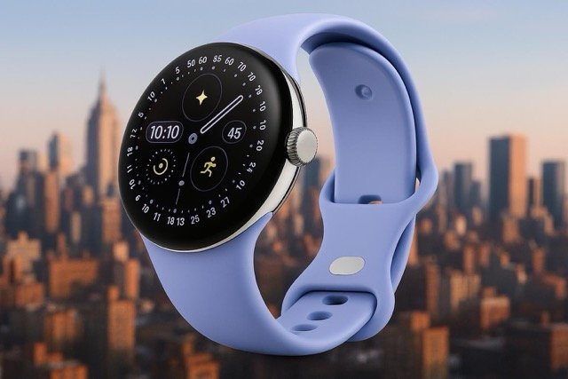 Google Pixel Watch 4 with lavender strap displayed against a modern cityscape background, showcasing its round AMOLED display and minimalist design.