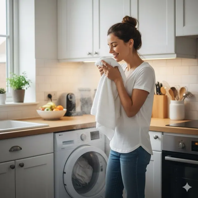 Happy woman in a modern kitchen/utility room smelling fresh, warm laundry she is removing from a high-efficiency tumble dryer.