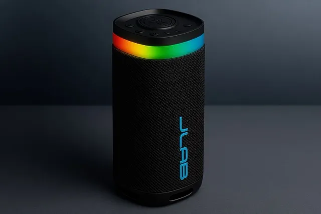 Black cylindrical JLab JBuds Party Bluetooth speaker with rainbow RGB light ring on top, placed on a sleek dark modern background.