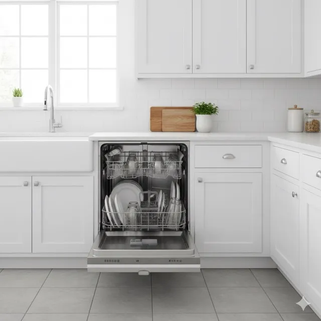 Prominently featured modern dishwasher appliance in a clean, bright, and minimalist kitchen environment with natural light.
