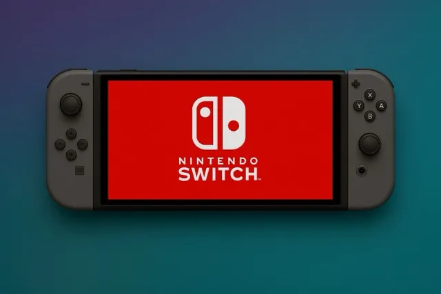 Close-up of the Nintendo Switch 2 console with Joy-Con controllers attached, displayed against a modern teal-to-purple gradient background, featuring the red screen with the official Nintendo Switch logo.