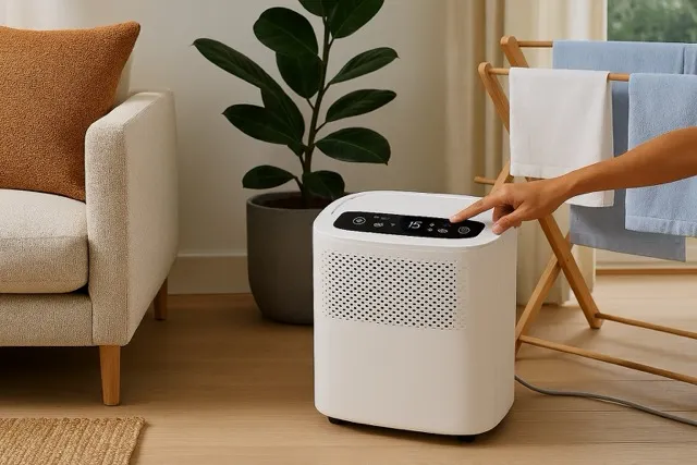 Pro Breeze 12L:Day Dehumidifier in a living room beside a laundry drying rack