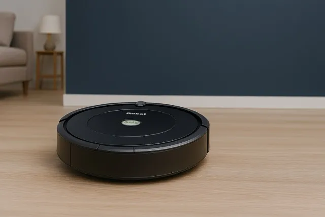 lack robotic vacuum cleaner positioned on a light wooden floor with a dark blue wall and beige armchair in the background, minimalistic home setting without text overlay.