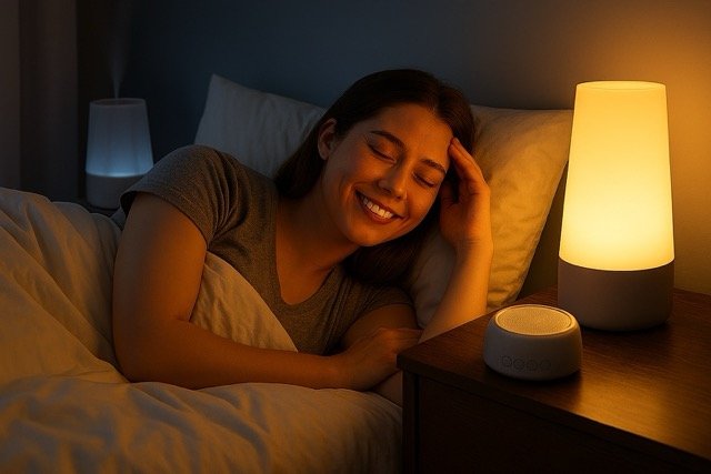 A cozy bedroom scene showing a person lying in bed under a white comforter. On the bedside table, there is a warm-glow smart lamp and a white noise machine. In the background, a humidifier emits a gentle mist, creating a relaxing environment for better sleep.