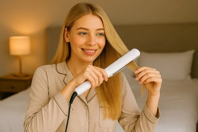 a girle with long blonde hair using a sleek black hair straightener