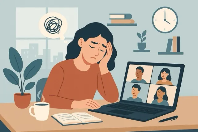 Illustration of a person sitting at a desk during a video conference on a laptop with four participants, surrounded by a coffee cup, open notebook, indoor plant, shelves with books, and a wall clock in a home office setting