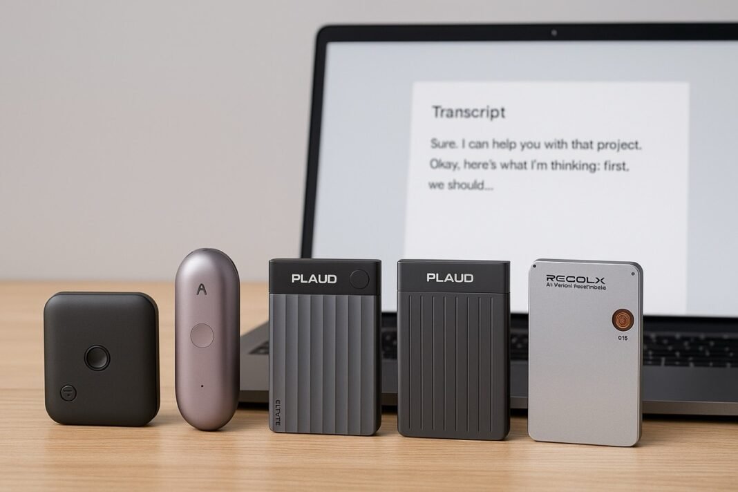 Five AI voice recorders arranged on a desk beside a laptop showing a speech‑to‑text transcript.