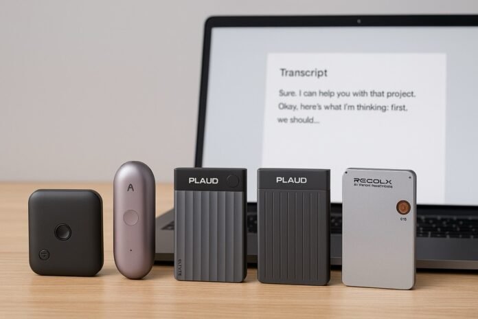 Five AI voice recorders arranged on a desk beside a laptop showing a speech‑to‑text transcript.