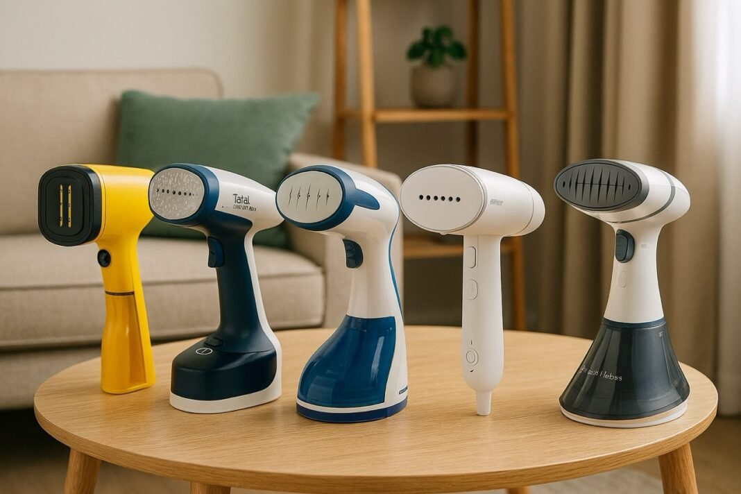 ive handheld clothes steamers laid on their side on a large wooden table in a living room, each with visible power cables, shown side by side for comparison.