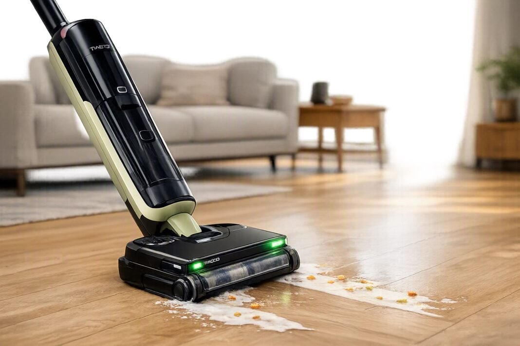 tineco-floor-one-s7-master-review-featured-image Tineco FLOOR ONE S7 Master wet and dry vacuum cleaner cleaning a spill on a hard floor in a modern living room