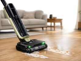 Tineco FLOOR ONE S7 Master wet and dry vacuum cleaner cleaning a spill on a hard floor in a modern living room