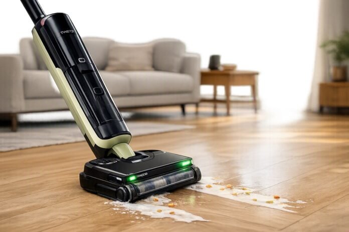 tineco-floor-one-s7-master-review-featured-image Tineco FLOOR ONE S7 Master wet and dry vacuum cleaner cleaning a spill on a hard floor in a modern living room