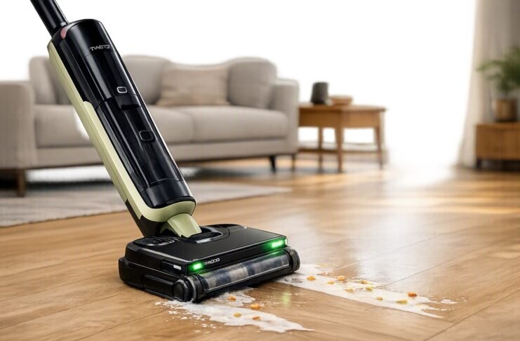 Tineco FLOOR ONE S7 Master wet and dry vacuum cleaner cleaning a spill on a hard floor in a modern living room