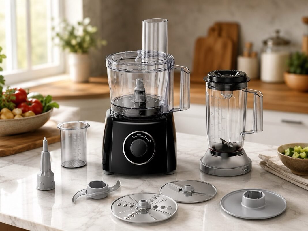 Bosch MultiTalent 3 Review: A Compact, Versatile Food Processor for Everyday Cooking osch MultiTalent 3 food processor with blender jug, measuring cup, blades and slicing attachments on a kitchen countertop