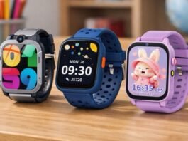 Three kids smartwatches arranged on a wooden table, showing their screens and colourful designs