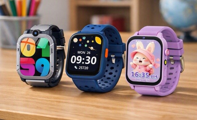 kids-smartwatch-feature-on-table Three kids smartwatches arranged on a wooden table, showing their screens and colourful designs