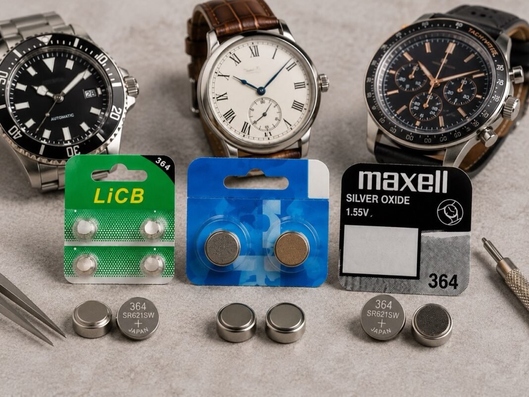 LiCB vs. Renata vs. Maxell: Which SR621SW / 364 Watch Battery Is Best? LiCB, Renata and Maxell SR621SW 364 watch batteries displayed with three different watches