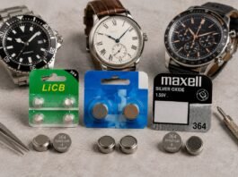 LiCB, Renata and Maxell SR621SW 364 watch batteries displayed with three different watches