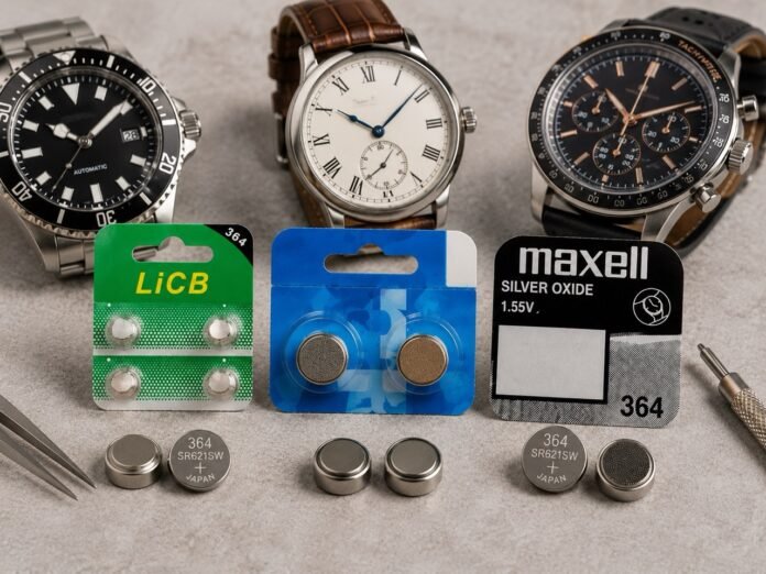 LiCB, Renata and Maxell SR621SW 364 watch batteries displayed with three different watches