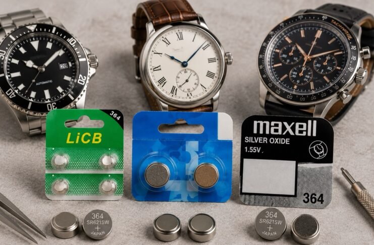 LiCB, Renata and Maxell SR621SW 364 watch batteries displayed with three different watches
