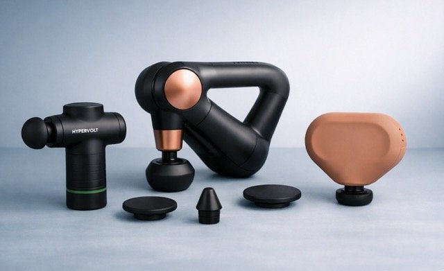massage-guns-wellbeing-feature-image Three massage guns — Hypervolt Go 3, Theragun Sense, and Theragun Mini — arranged on a cool grey-blue studio table with a soft gradient background