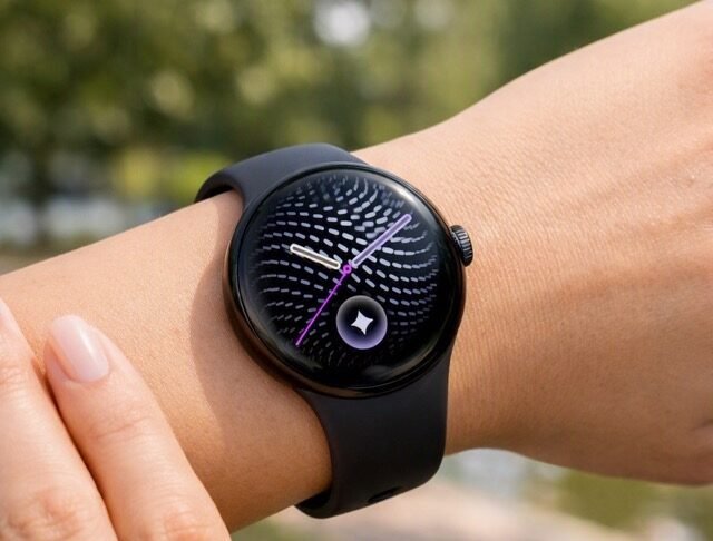 Woman wearing Google Pixel Watch 5 outdoors with sleek black design and reflective curved display