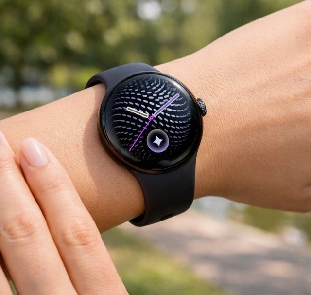 Woman wearing Google Pixel Watch 5 outdoors with sleek black design and reflective curved display
