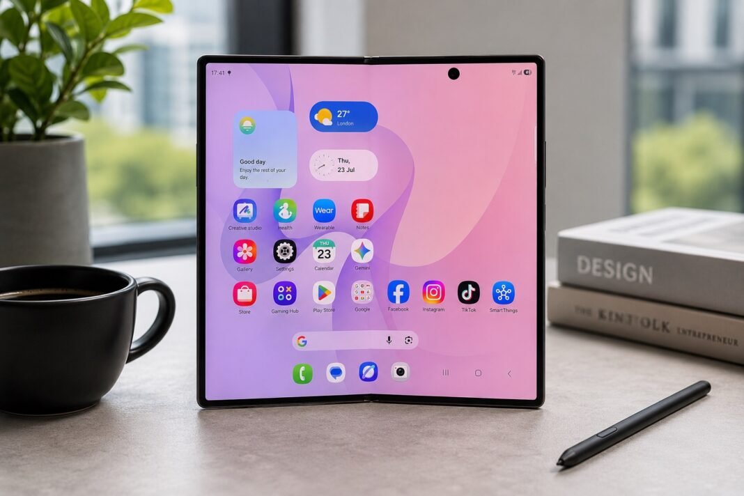 samsung-galaxy-z-fold-8-review-desk-setup-featured-image Samsung Galaxy Z Fold 8 unfolded on a modern desk with a coffee mug, books, and S Pen, showcasing its large foldable display for our review.