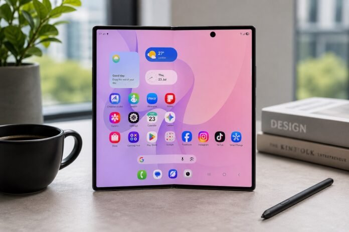 samsung-galaxy-z-fold-8-review-desk-setup-featured-image Samsung Galaxy Z Fold 8 unfolded on a modern desk with a coffee mug, books, and S Pen, showcasing its large foldable display for our review.