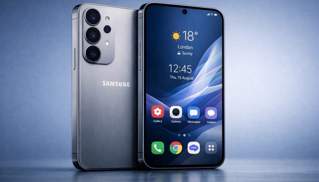 samsung-one-ui-9-beta-galaxy-eligibility Samsung Galaxy phone displaying Samsung One UI 9 interface on a cool grey-blue gradient background