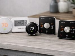 Six smart thermostats arranged on a light grey wooden table in a modern home setting, showing different designs and displays that represent contemporary heating technology