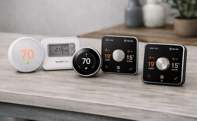 Six smart thermostats arranged on a light grey wooden table in a modern home setting, showing different designs and displays that represent contemporary heating technology