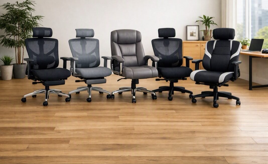techwellbeing-top-ergonomic-chairs-feature-image Five ergonomic office chairs arranged in a bright modern workspace with wooden flooring, indoor plants, and natural light — showcasing comfort and style for hybrid work wellbeing.