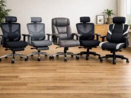 Five ergonomic office chairs arranged in a bright modern workspace with wooden flooring, indoor plants, and natural light — showcasing comfort and style for hybrid work wellbeing.