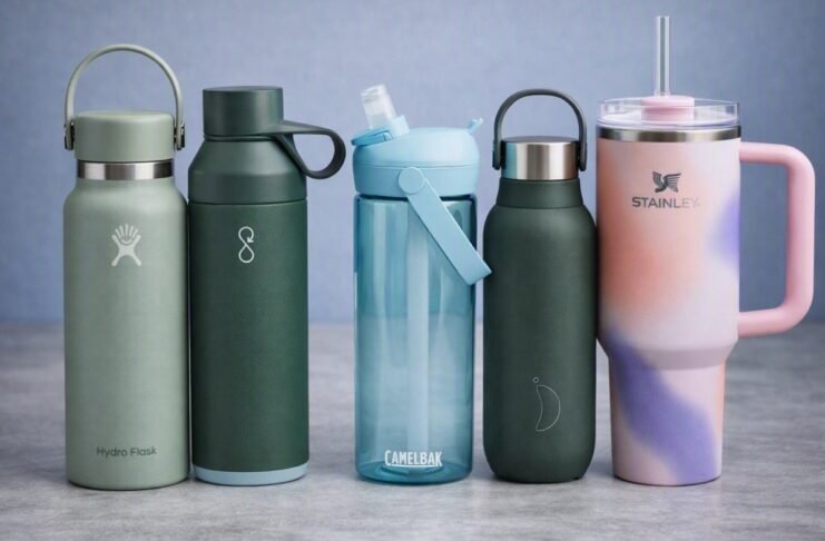 Five reusable water bottles — Hydro Flask, Ocean Bottle, CamelBak, Stanley, and Chilly’s — arranged neatly on a kitchen worktop with a tiled backsplash