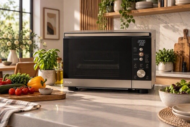 ninja-crispi-microwave-healthy-cooking-review-techwellbeing Ninja Crispi Microwave on a modern wellness-focused kitchen countertop surrounded by fresh vegetables and healthy meal ingredients