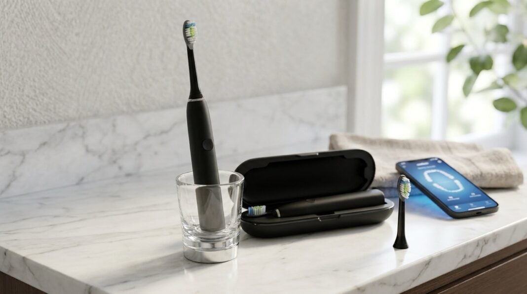 philips-sonicare-electric-toothbrush-glass-charger-travel-case A black Philips Sonicare electric toothbrush standing in a glass charger next to an open travel case, a spare brush head, and a smartphone on a marble bathroom countertop.