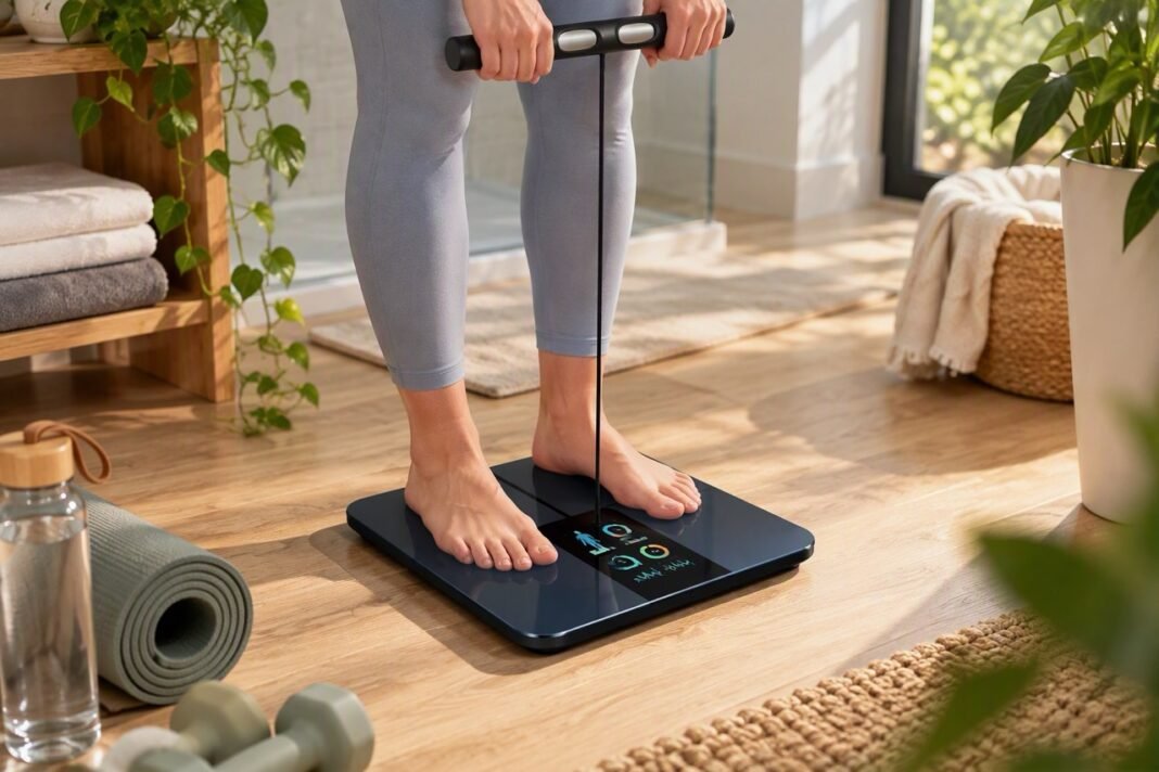 Person using a Wyze Scale BodyScan smart scale in a modern wellness-focused home environment to monitor body composition and health metrics.
